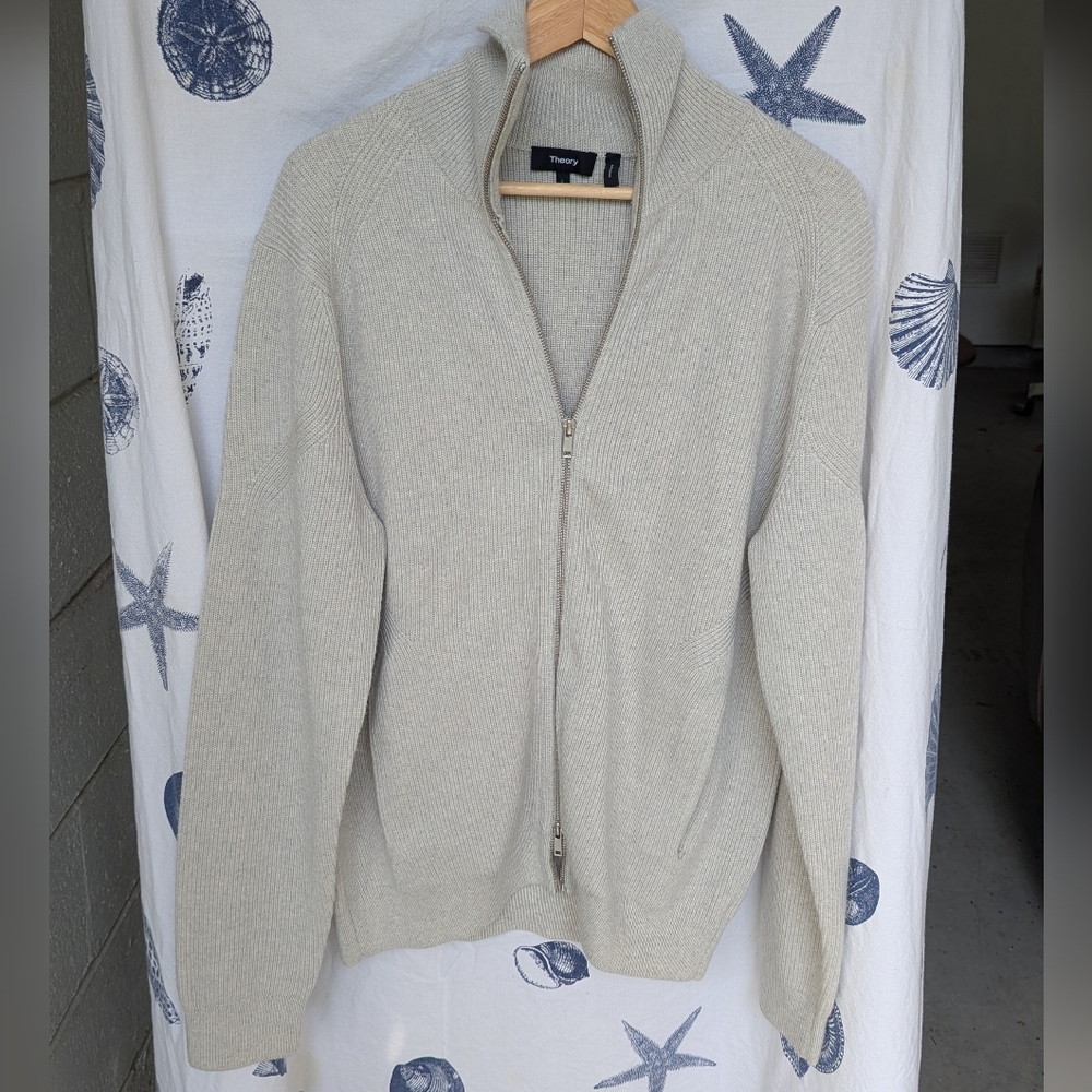 Theory Mens L 100% Merino Zip Up In Oatmeal Great Condition